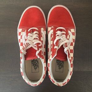 red suede and checkered Vans